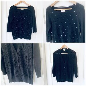 Lot Of 2 Black Sweaters Size S ELLE pullover Pearls LOFT cardigan Lace Office